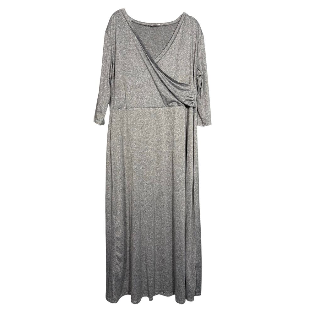 Doublju Gray Jersey Knit Faux Wrap Prairie Maxi Dress - 2X - Women's Plus Size